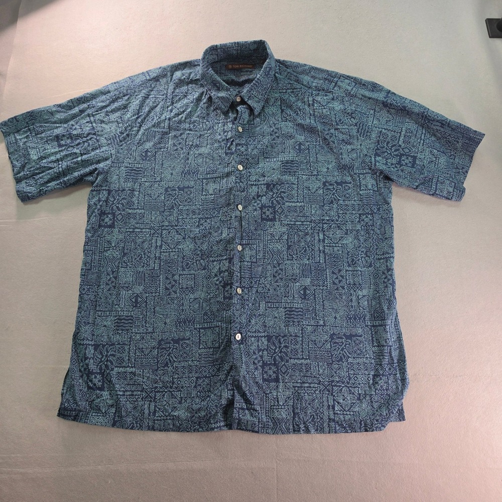 Tori Richard Mens Large Blue Cotton Lawn Geometric Tribal Hawaiian Shirt MI01
